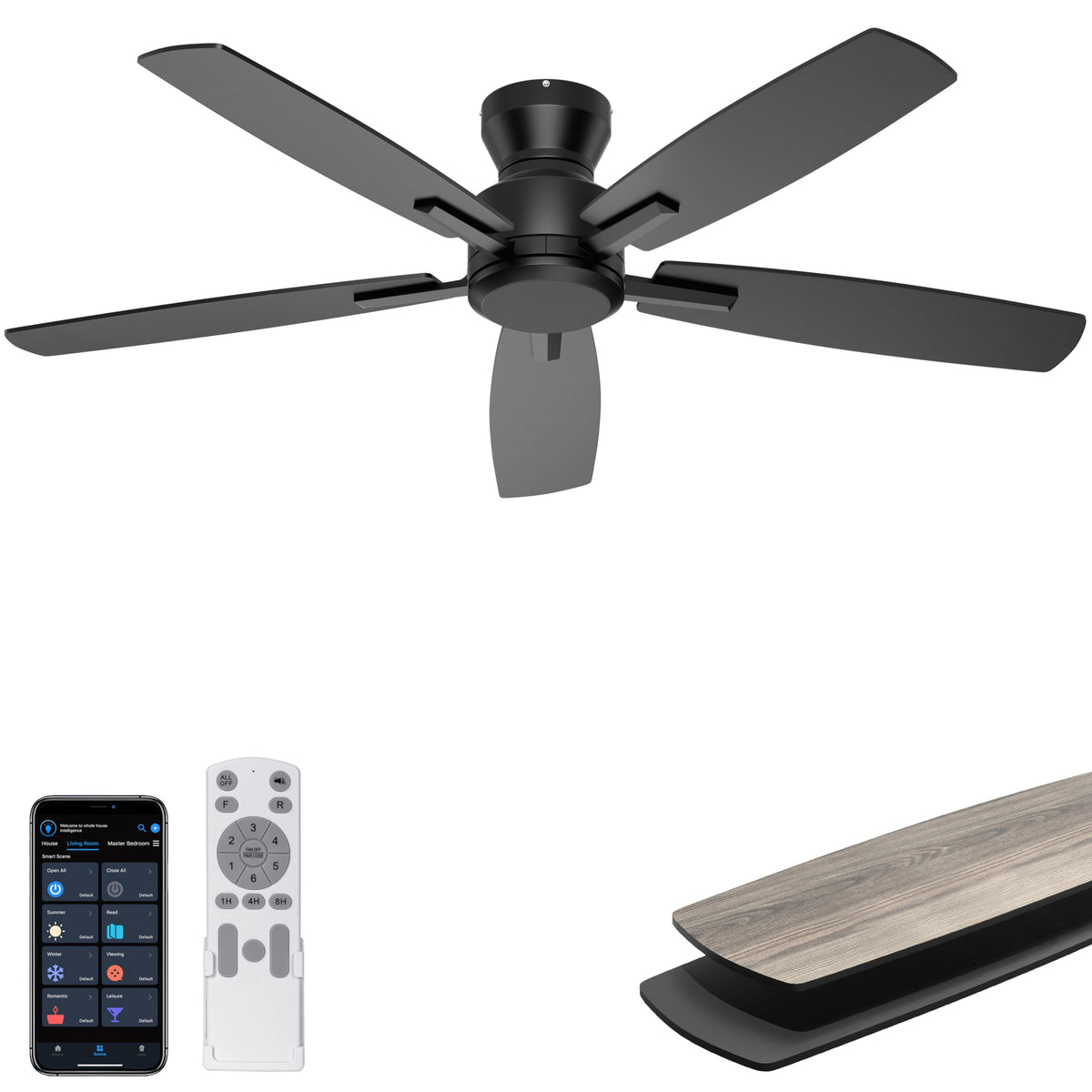 Ohniyou 52'' Low Profile Ceiling Fan with Lights, Remote/APP Control, Black | Flush Mount, Dimmable 3CCT LED, Quiet Reversible DC Motor; Memory Function, 4580 CFM, for Indoor Bedroom Living Room