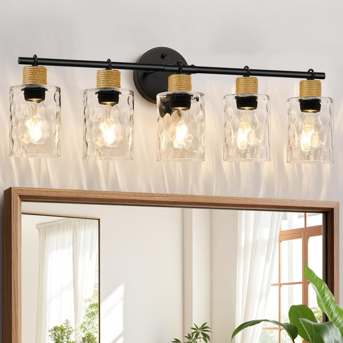 MOKATNG Bathroom Light Fixtures, 3-Light Coastal Vanity Lights with Crystal Glass Shade, Black Bathroom Wall Lamp for Mirror Kitchen Hallway Cabinet