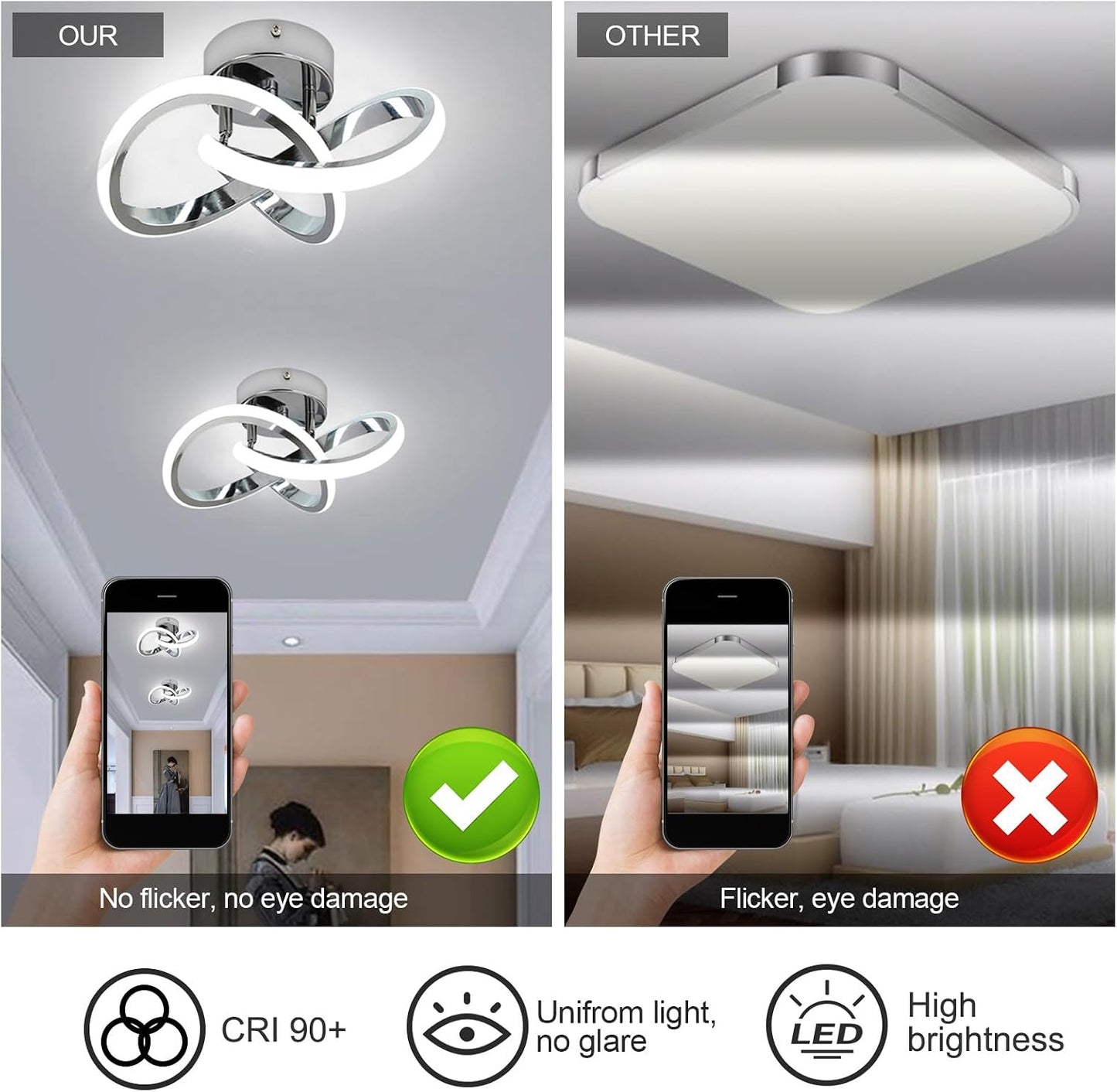 CANEOE Hallway Light Acrylic Modern LED Ceiling Light Fixtures Cool White 6000K Close to Ceiling Lights for Bedroom Bathroom Kitchen Balcony Corridor Stair Aisle Curved Creative Design Celing lamp