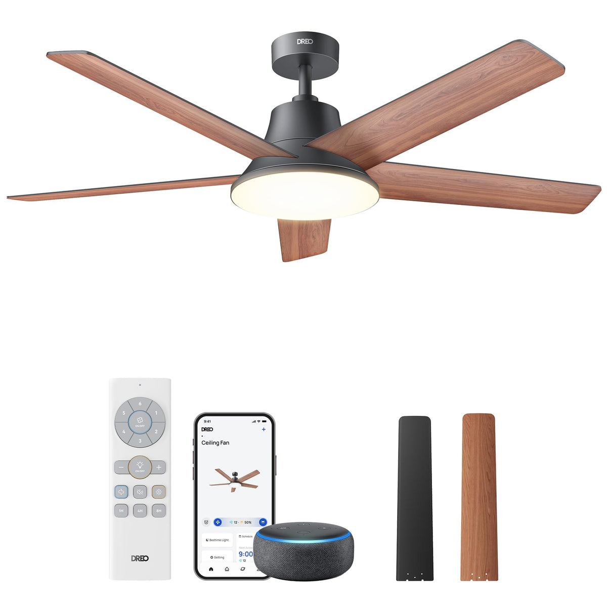 DREO Smart Ceiling Fan with Lights, 52 Inch, 12 Speeds & 3 Fan Modes, Stepless, Dimmable LED Light, Timer, 22dB Quiet DC Motor, Remote/APP/Alexa Control, Black Ceiling Fans Indoor, 2026 Upgraded