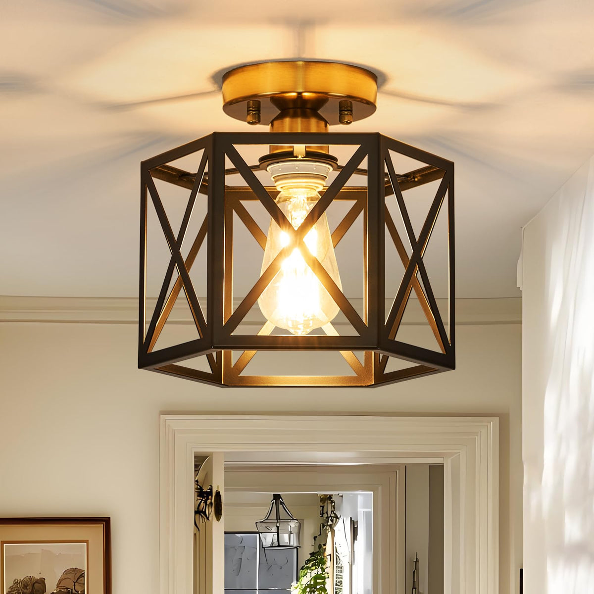 Modern Farmhouse Black Metal Semi Flush Mount Ceiling Light Fixture 9.5 in | Industrial Lighting Fixture,Hexagonal Close to Ceiling Lights for Kitchen, Hallway, Entryway, Bedroom,Foyer,Laundry Room