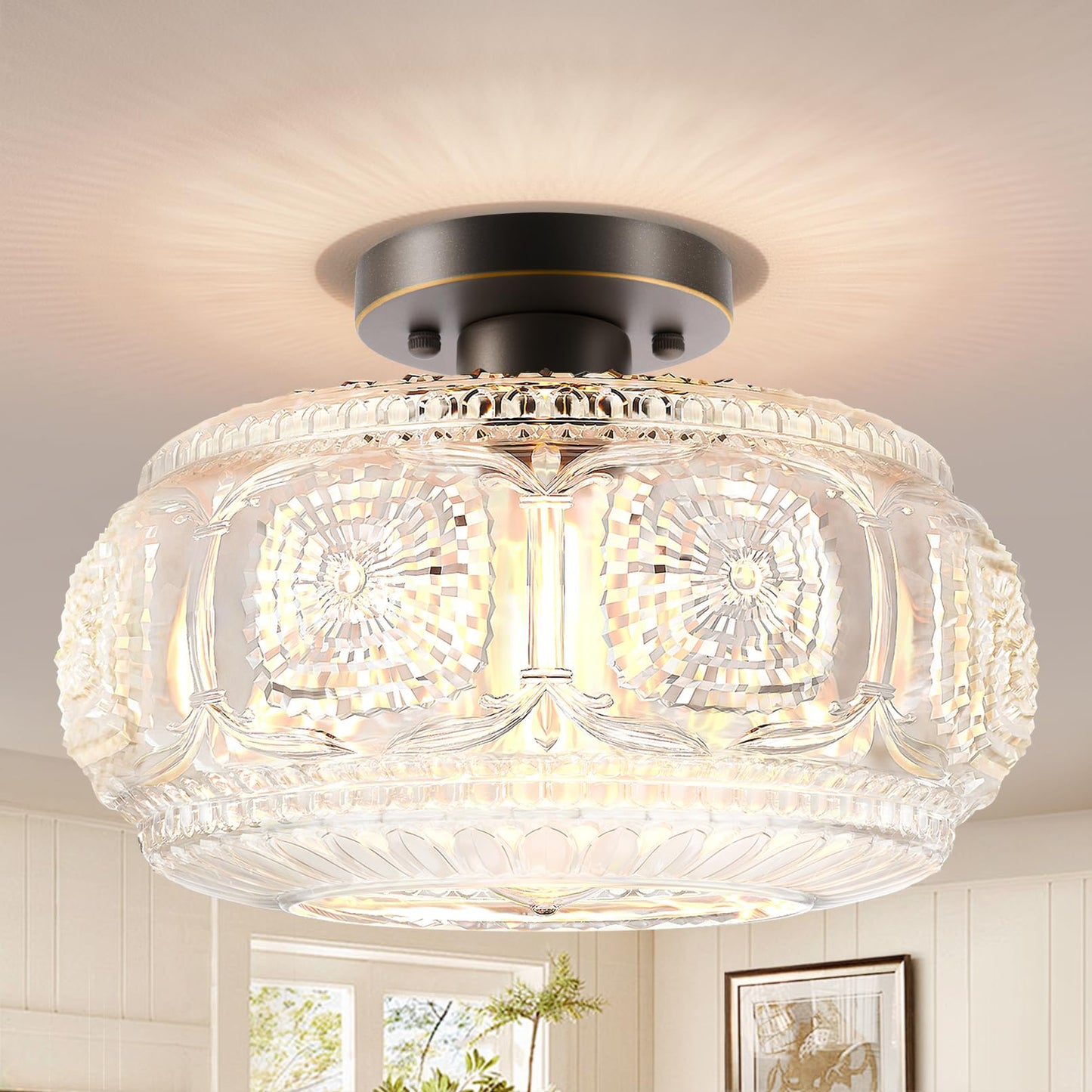 Globe Glass Semi Flush Mount Ceiling Light Fixture, Vintage Gold | Beautiful Light Shadow, Easy to Install, Bright Ambiance, Modern Lighting for Hallway Entryway Kitchen Bathroom Bedroom