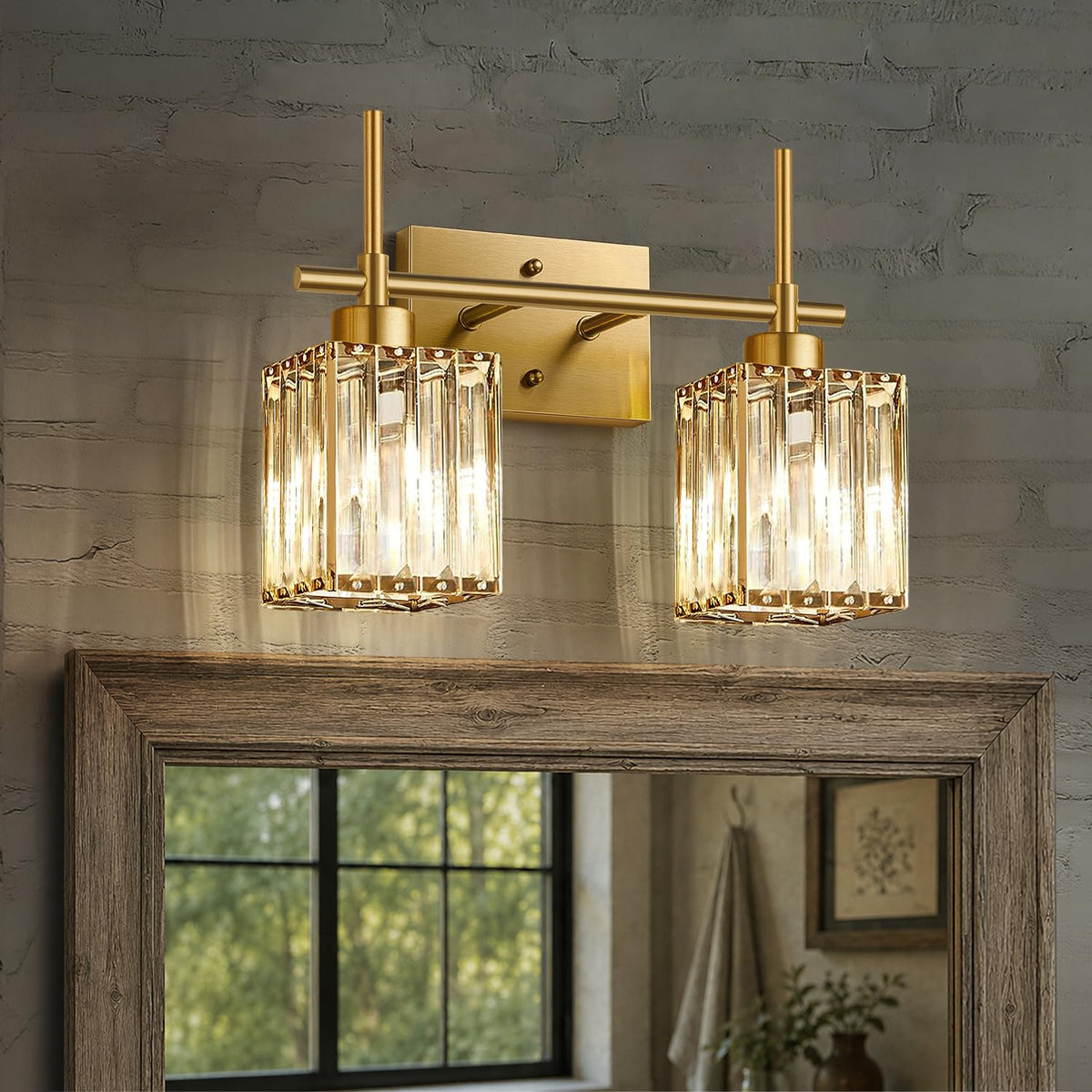 Torondo Modern Crystal Bathroom Vanity Light 4-Lights Gold Bathroom Light Fixtures Over Mirror Black and Gold Vanity Lighting Fixtures Gold Square Shade Brass Wall Sconce (Bulbs Not Include)