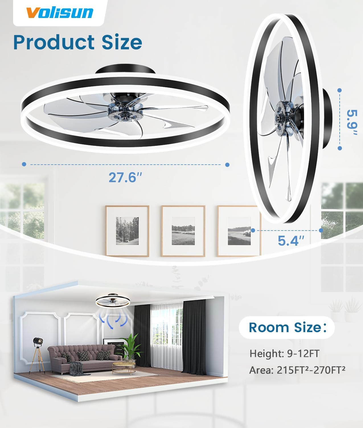 VOLISUN Low Profile Ceiling Fans with Lights and Remote, 27.6in Flush Mount Ceiling Fans with Light, 3000K-6500K Dimmable Fandelier LED Fan Light, Black Bladeless Ceiling Fans with Lights for Bedroom