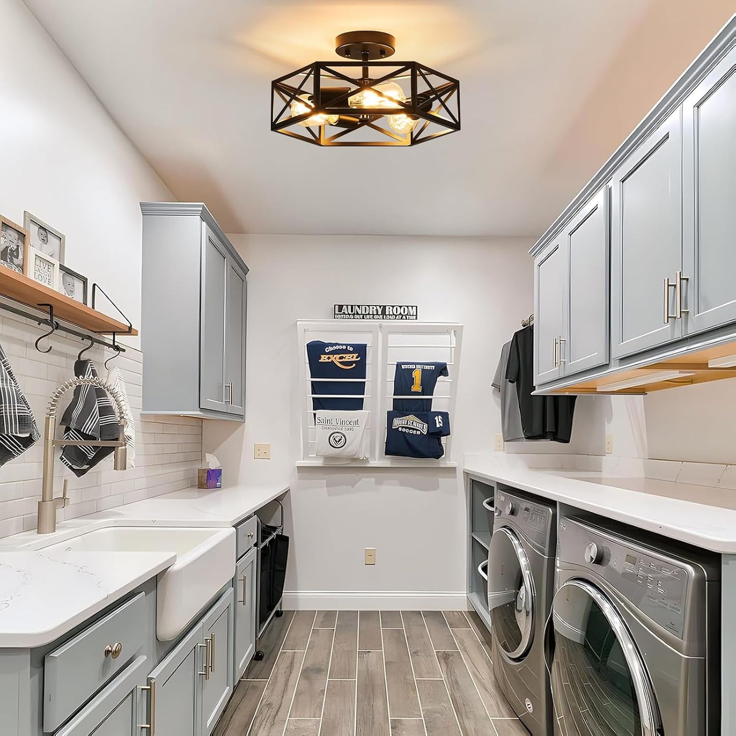 Modern Farmhouse Black Metal Semi Flush Mount Ceiling Light Fixture 14.6 in | Industrial Lighting Fixture,Hexagonal Close to Ceiling Lights for Kitchen Island, Hallway,Bedroom,Foyer,Dining,Laundry Room