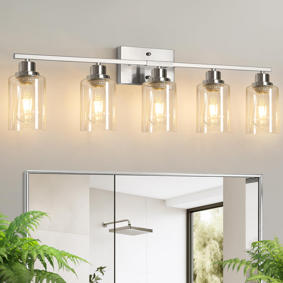 Ascher Bathroom Light Fixtures, 4-Light Vanity Light Over Mirror, Brushed Nickel Wall Sconces with Milky White Frosted Glass Shades, Wall Lamp for Living Room Bedroom, E26 Base(Bulbs Not Included)