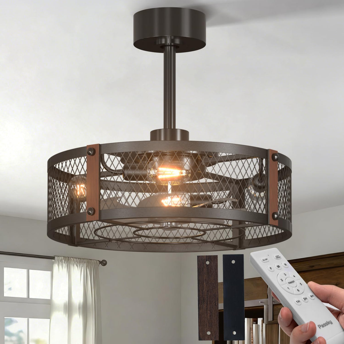 Passky 20" Caged Ceiling Fans with Lights and Remote, Low Profile Fandelier | Reversible DC Motor, 1/2/4H Timer, 6 Speeds, Farmhouse Style, Quiet Operation, for Bedroom, Kitchen, Dining Room, Living Room