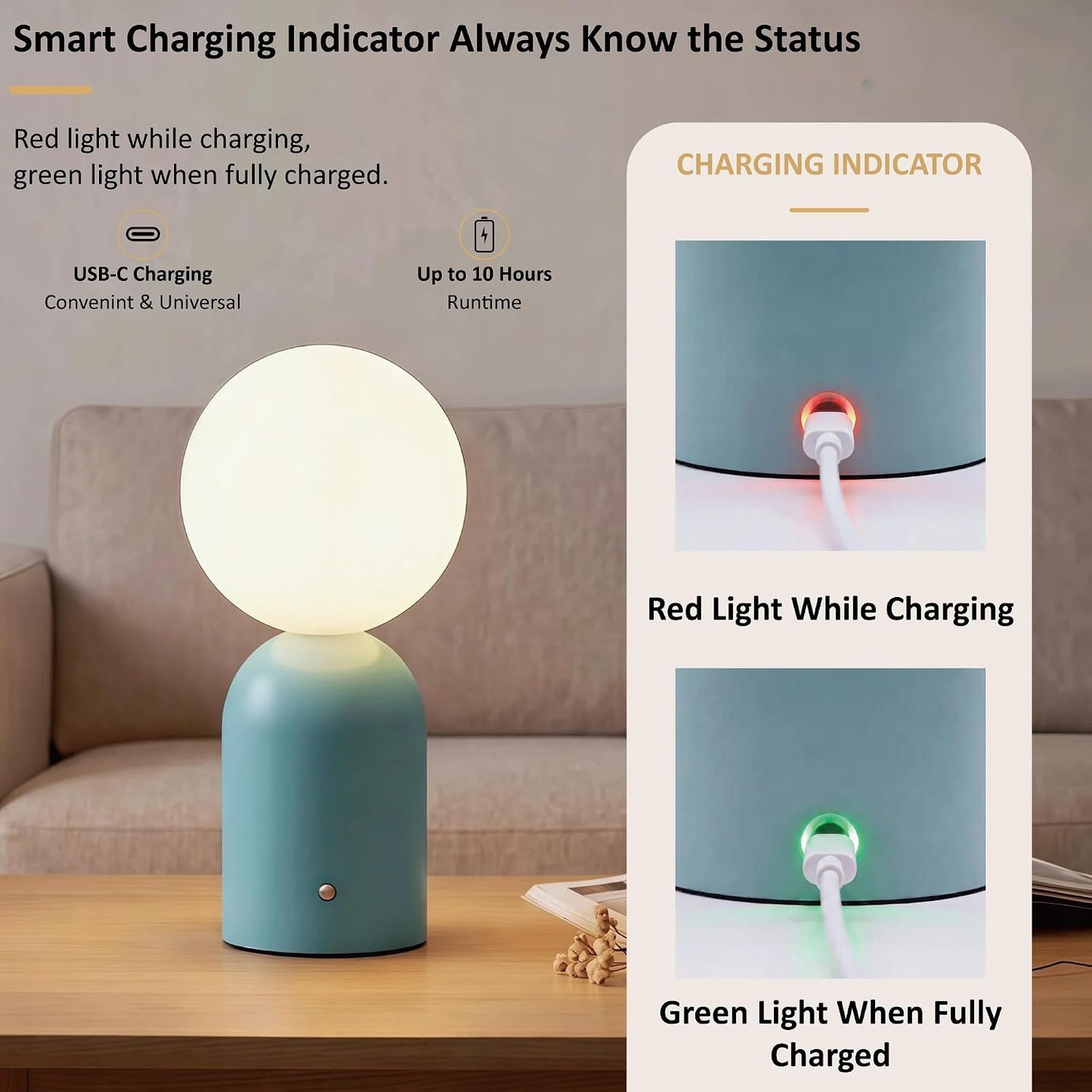 10.8” Cordless Rechargeable LED Table Lamp, White Opal Glass Shade, Blue | 2000mAh Touch Dimmable Desk Lamp for Nightstand, Bedroom, Living Room, Office, Entryway, Camping, Patio Indoor & Outdoor Use