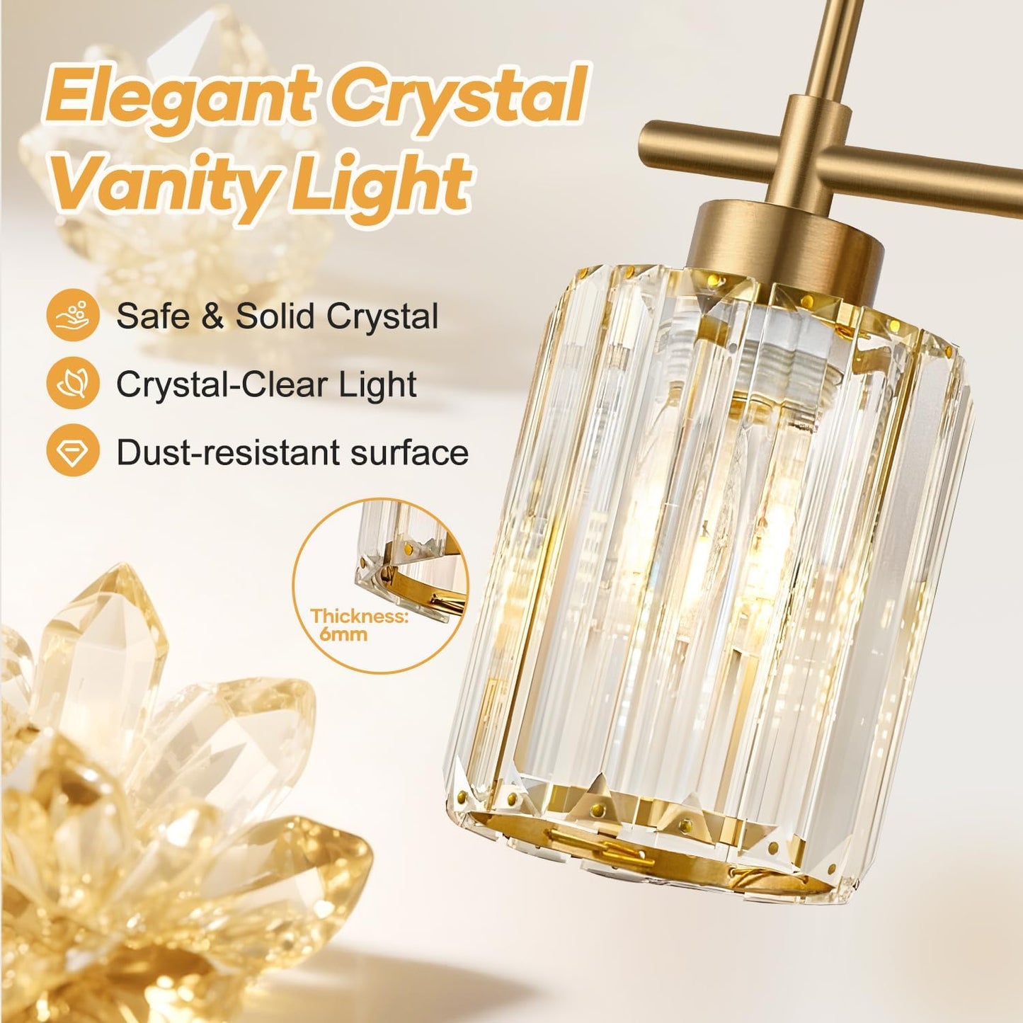 Modern Crystal Bathroom Vanity Light, 3-Light Brushed Gold Bathroom Light Fixtures with Clear Shades, Vanity Lighting Fixtures Over Mirror (Exclude Bulb)