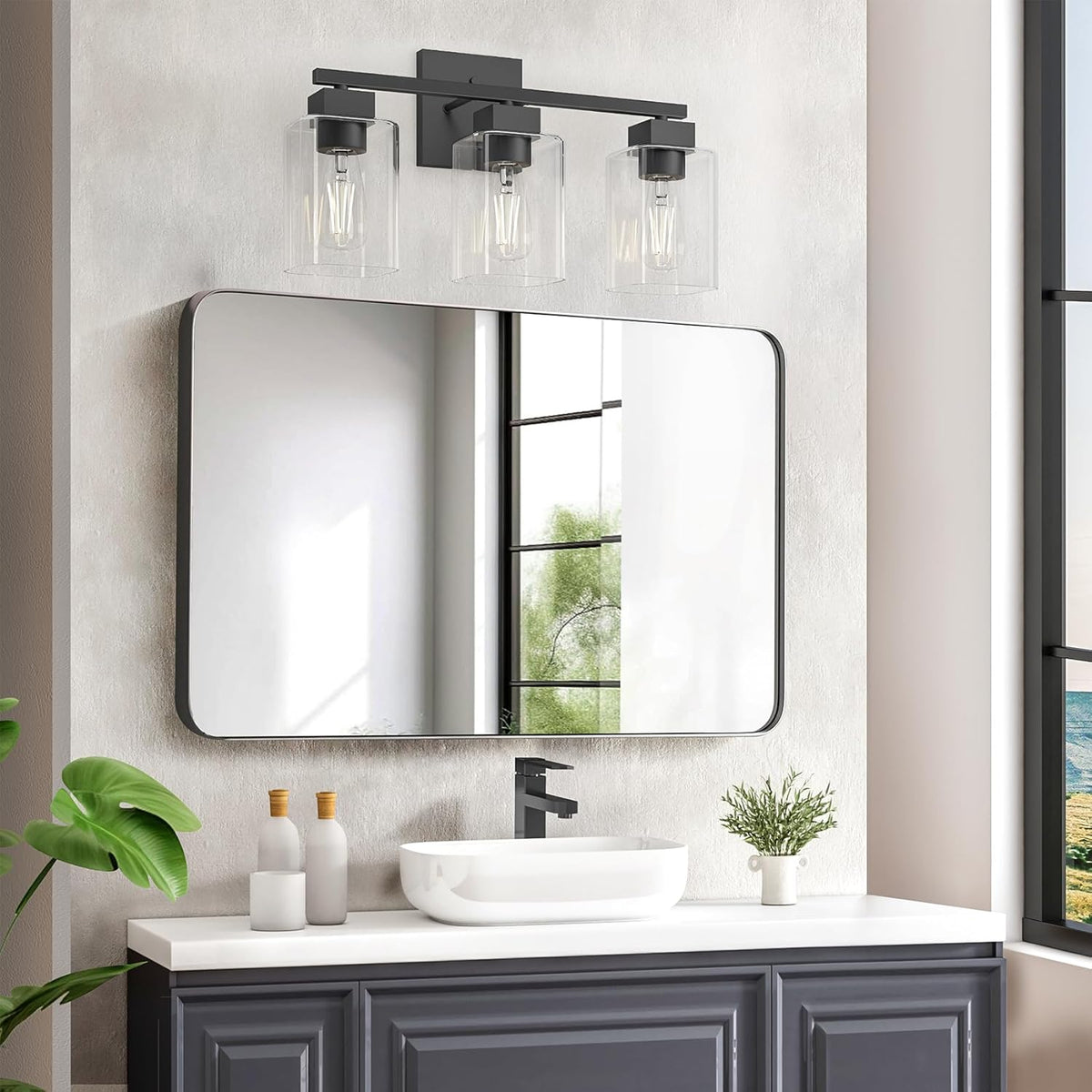 Matte Black Bathroom Vanity Light, 3-Light Vanity Lighting fixtures Over Mirror, Square Design & UL Certification, Wall Sconces with Clear Glass Shades, E26 Socket (Bulbs Not Included)
