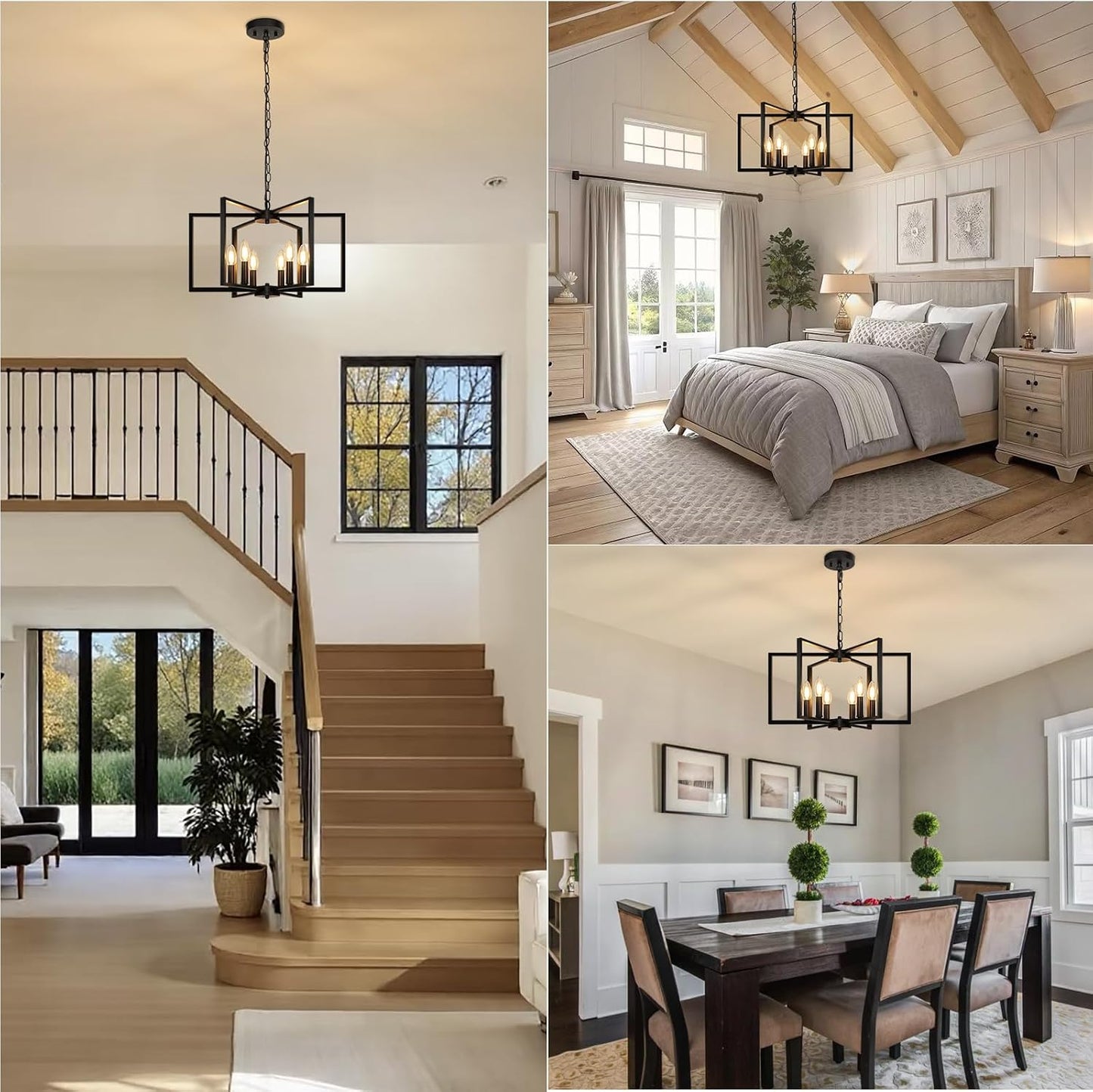 Black Farmhouse Chandelier, 6 Light Geometric Dining Room Light Fixture, Modern Industrial Metal Ceiling Light Rustic Hanging Pendant Lights with E12 base for Kitchen Island Entryway Foyer, Indoor
