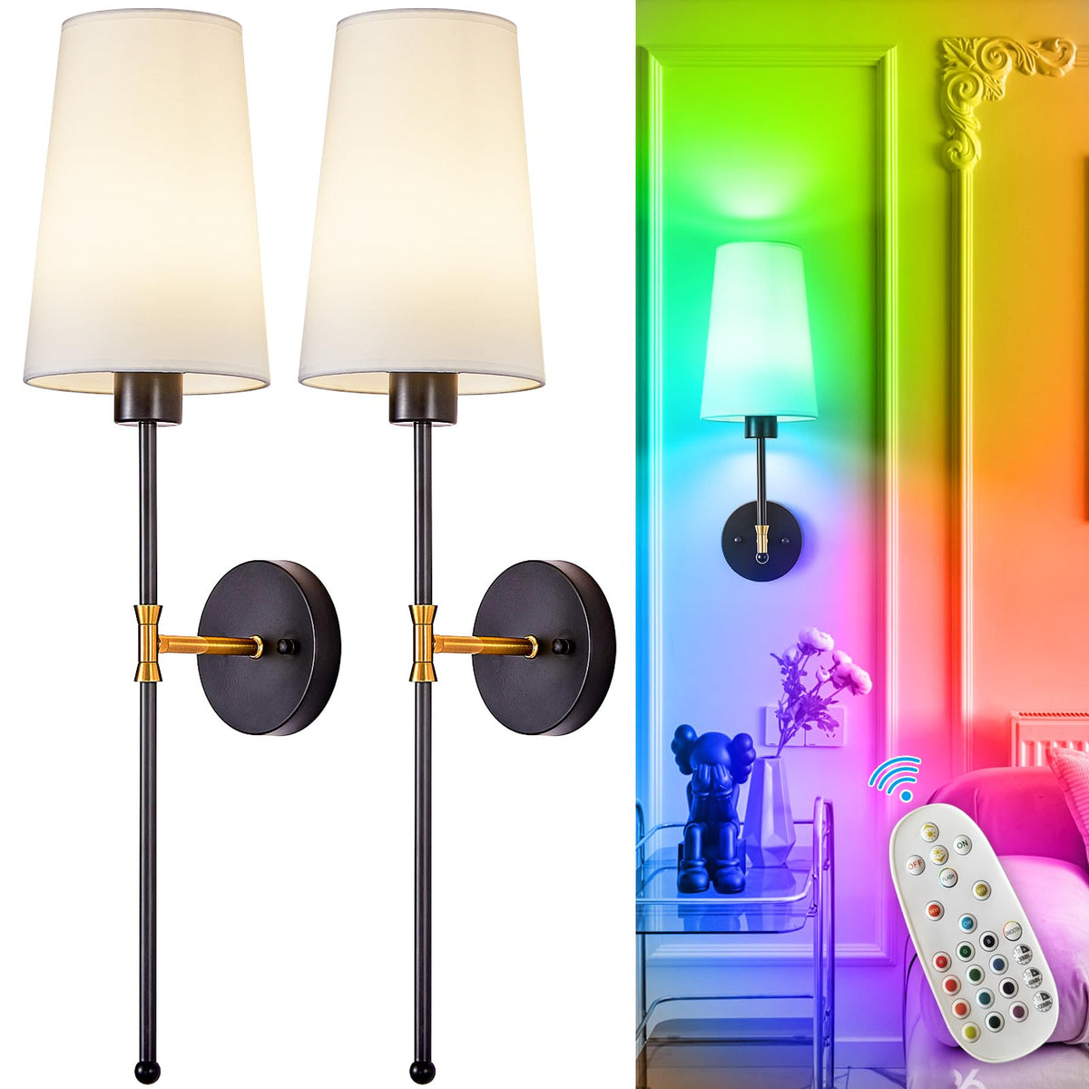 Depuley Battery Operated Wall Sconce: Set of 2 Wireless Wall Lights with 10000mAh Dimmable Bulbs and Remote for Bedroom - Rechargeable 15 Colors Gold Wall Lamp for Living Room Hallway