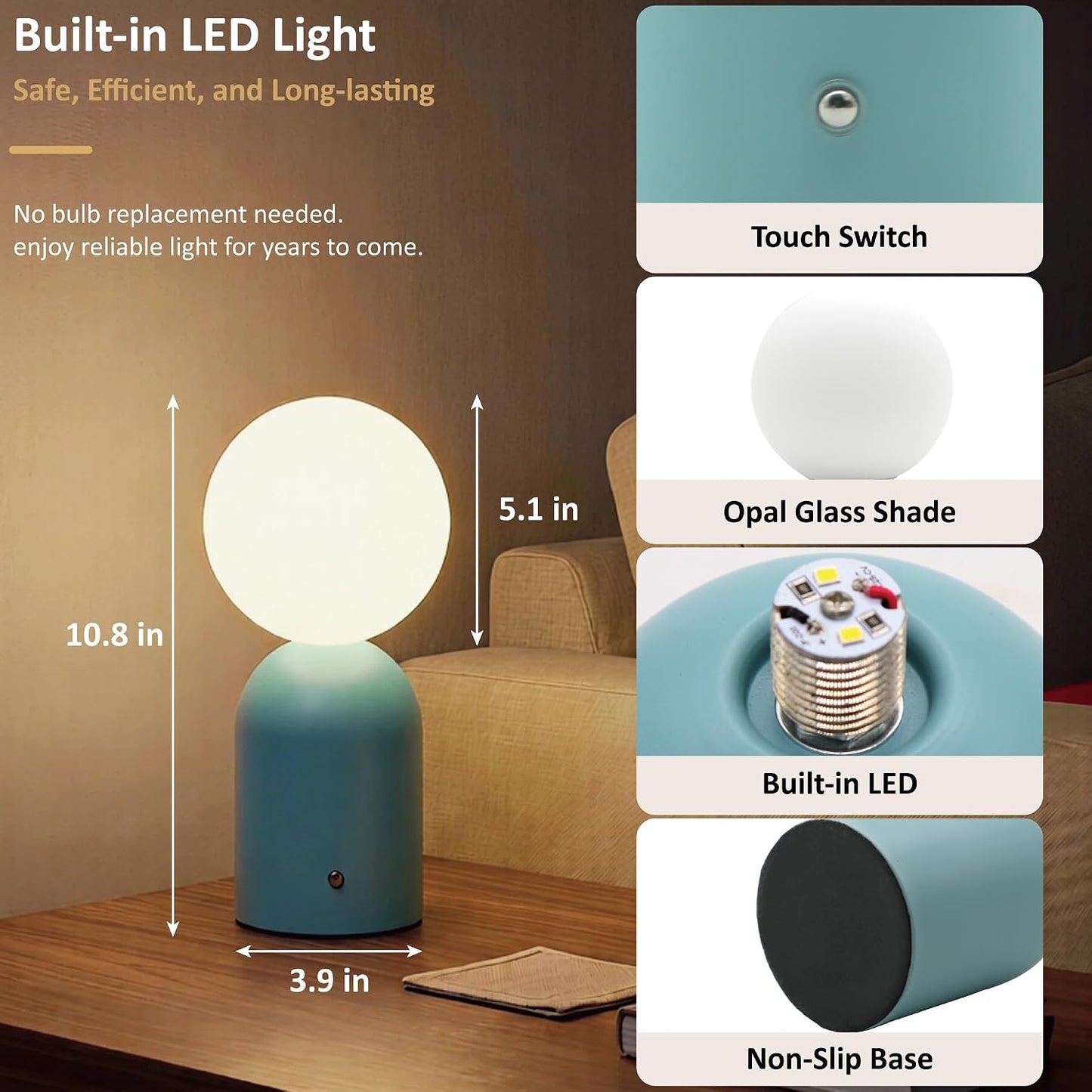 10.8” Cordless Rechargeable LED Table Lamp, White Opal Glass Shade, Blue | 2000mAh Touch Dimmable Desk Lamp for Nightstand, Bedroom, Living Room, Office, Entryway, Camping, Patio Indoor & Outdoor Use