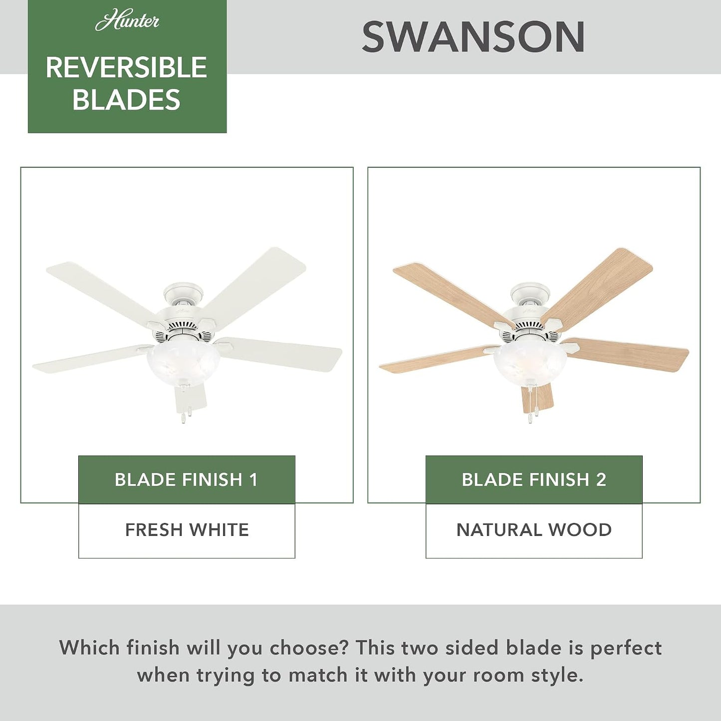 Hunter Swanson, Indoor, Ceiling Fan, with LED Light, 52 inch, Fresh White | Standard Mount, Pull Chain, 5 Blades, For Bedroom, Living Room, Kitchen, 50908
