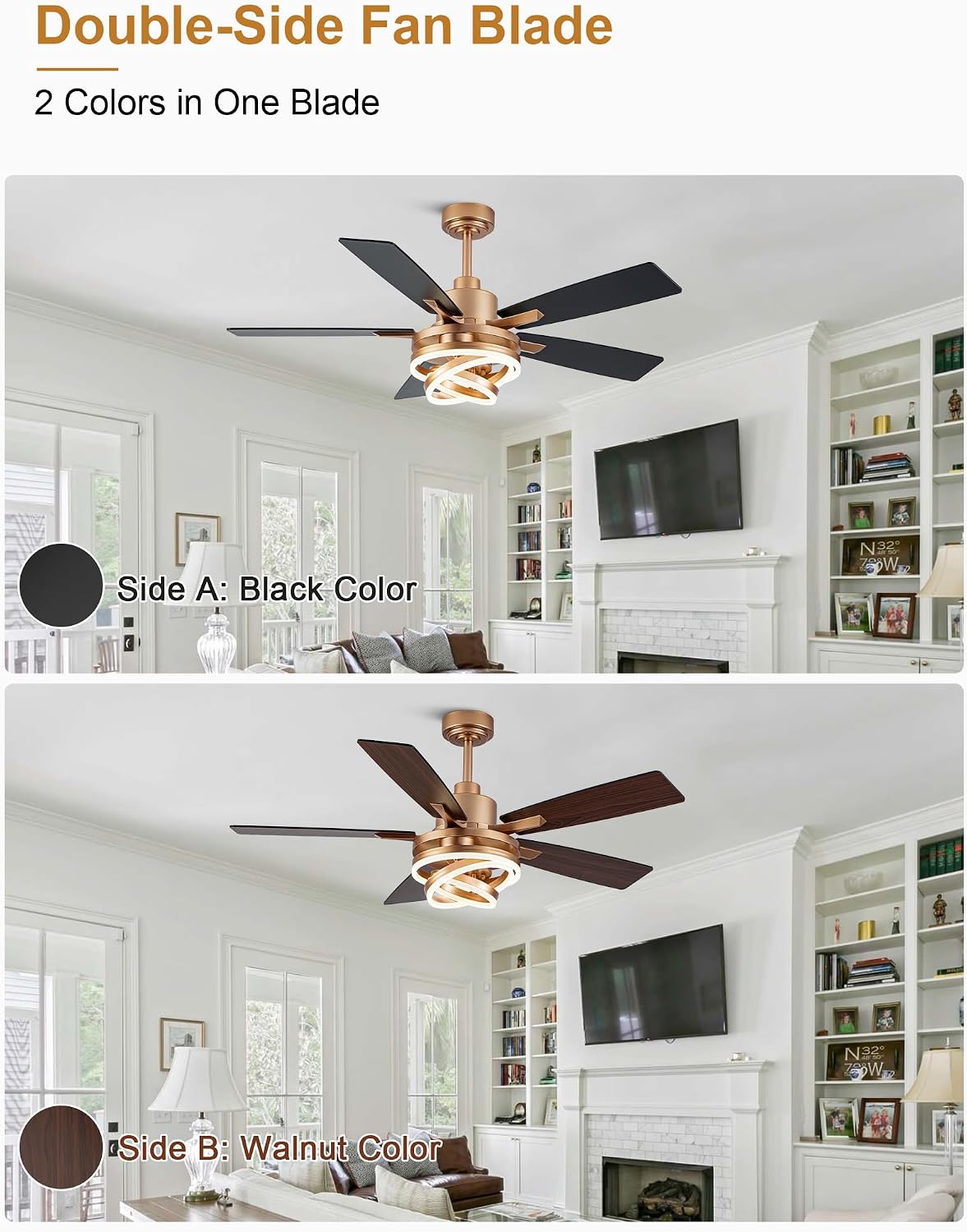 52" Black and Gold Modern Chandelier Fandelier Ceiling Fan with Light | DC motor, reversible, dimmable, 3 adjustable rings for DIY shape; for bedroom, living room.