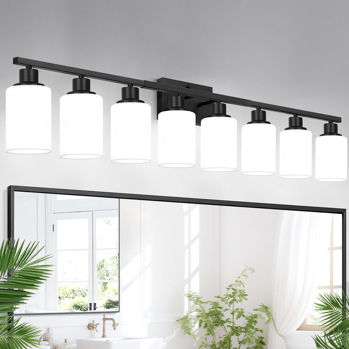 Indoi 4-Light Bathroom Light Fixtures, Matte Black Modern Vanity Lights with Clear Glass Shades, Bathroom Wall Lamp for Mirror Living Room Cabinet Bedroom Porch