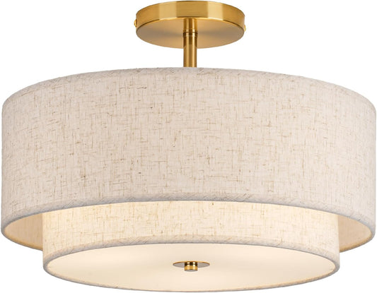CALOKES 16" Double Drum Gold 3-Light Semi Flush Mount Ceiling Light, Classic Fabric Linen Shade Design for Living Room, Bedroom, Kitchen, Dining Room, Hallway and Entryway