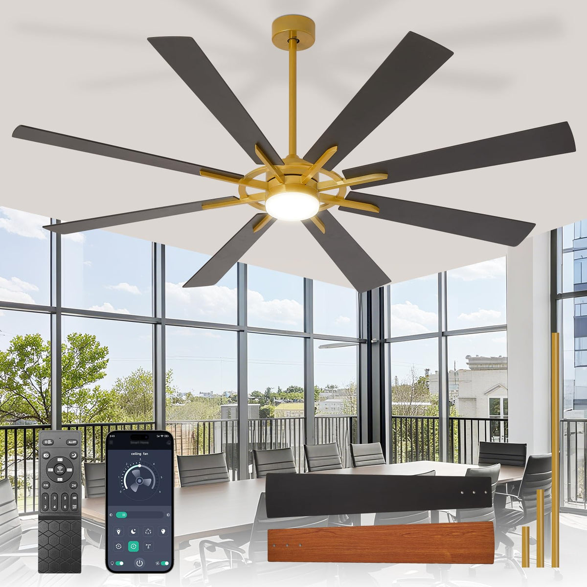 Large Ceiling Fans with Lights: Modern 72 Inch 8 Blade Outdoor Ceiling Fan with Remote APP Control - Dimmable Black Big Fan Light Indoor Reversible 6 Speed Quiet DC Motor