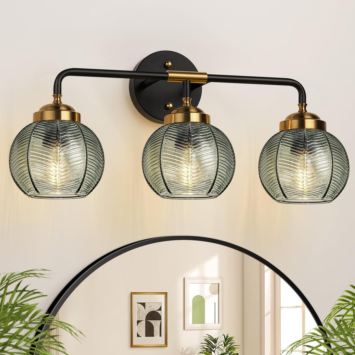MOKATNG Bathroom Light Fixtures, 3-Light Green Vanity Lights with Unique Leaf Texture Glass Shade, Modern Matte Black and Gold Bathroom Wall Lamp for Mirror Hallway Cabinet Living Room