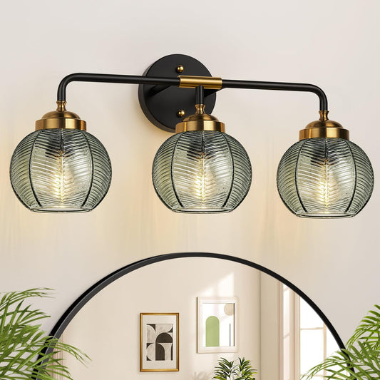 MOKATNG Bathroom Light Fixtures, 3-Light Green Vanity Lights with Unique Leaf Texture Glass Shade, Modern Matte Black and Gold Bathroom Wall Lamp for Mirror Hallway Cabinet Living Room