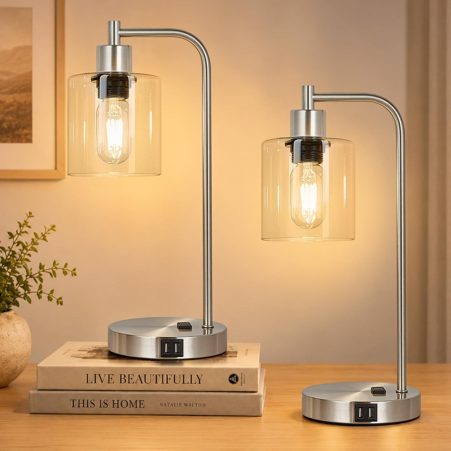 Set of 2 Industrial Touch Control Table Lamps with USB C+A Ports and AC Outlet - 3-Way Dimmable Black Bedside Lamps Nightstand Desk Lamps for Bedroom Living Room, Glass Shade & 2 LED Bulbs Included