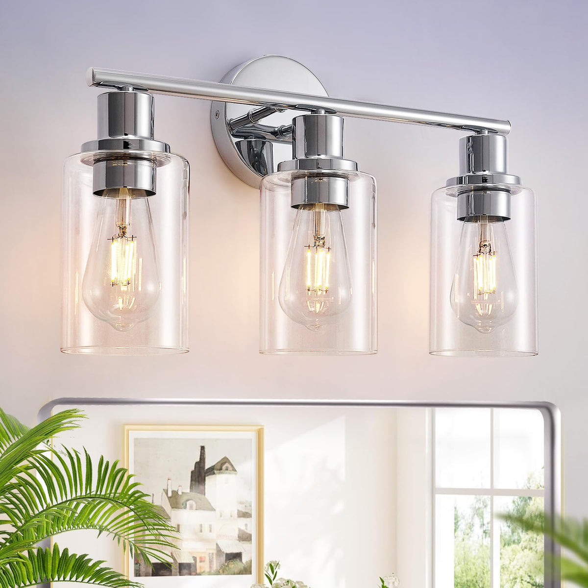 DLLT 3-Light Bathroom Light Fixtures: Set of 2 Black Modern Vanity Lights with Clear Glass Shade - 18.51" Bathroom Wall Lamp for Mirror Kitchen Living Room