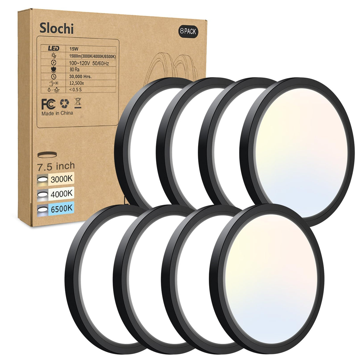 8PACK LED Flush Mount Ceiling Light Fixture, 3000K-4000K-6500K & 100W Equivalent Modern Kitchen Recessed Ceiling Lamp 15W 1500Lm 7.5 Inch Closet Round Surface for Bathroom Laundry Bedroom Hallway