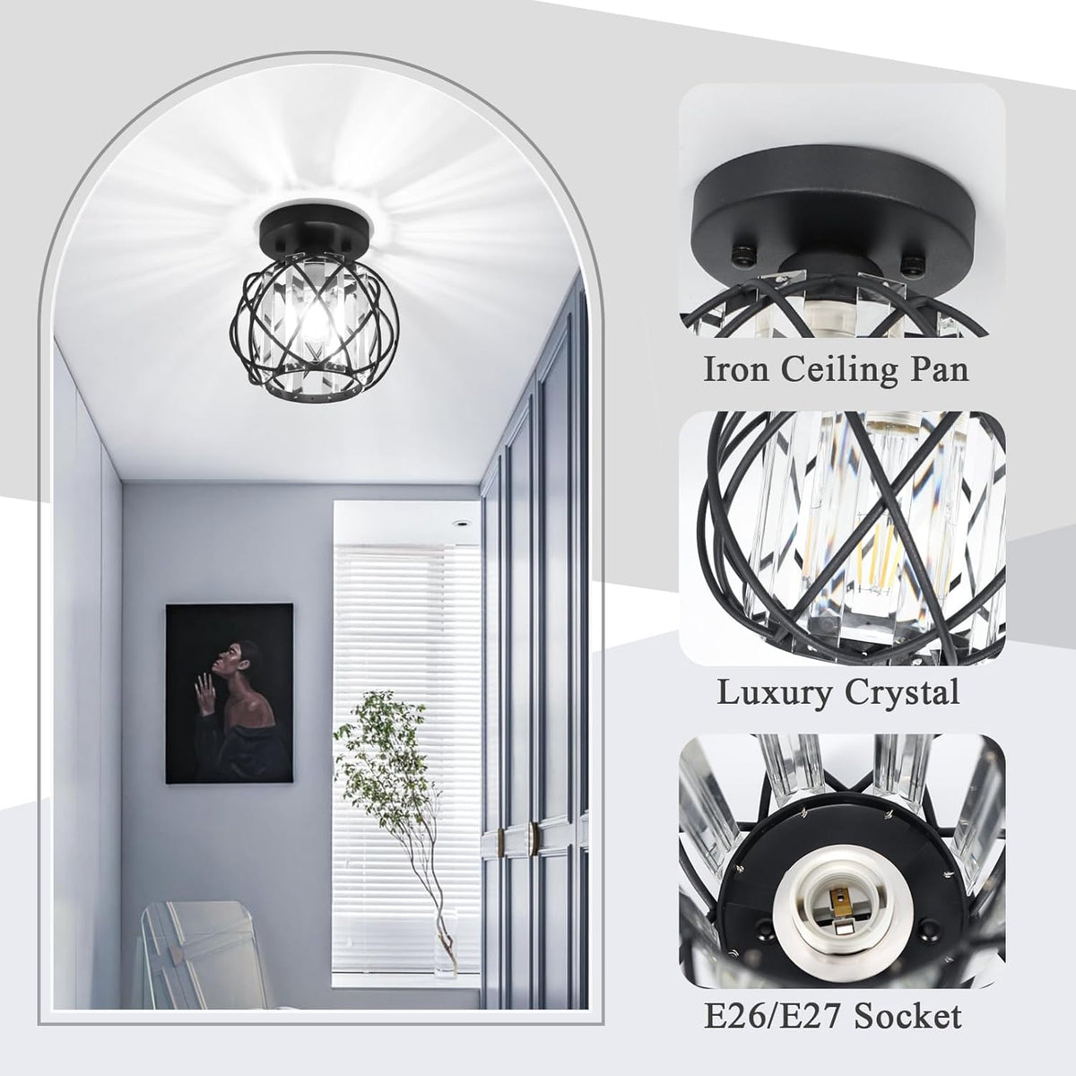Hallway Ceiling Light fixtures,Flush Mount Ceiling Light Fixture E26 Ceiling Lighting with Crystal Small Chandelier Indoor Lighting for Foyer Entryway Bedroom Bathroom Closet Living Room