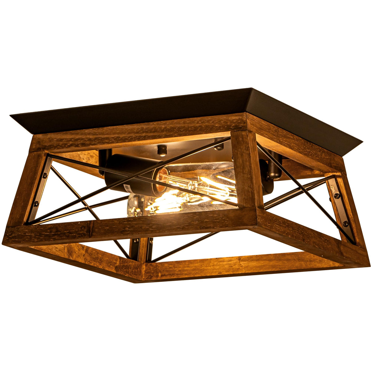 Rpzloila Flush Mount Ceiling Light Fixture for Kitchen Hallway, 2-Light Close to Ceiling Light with Black Metal and Wood Design, Rustic Farmhouse Ceiling (Bulb not Included)