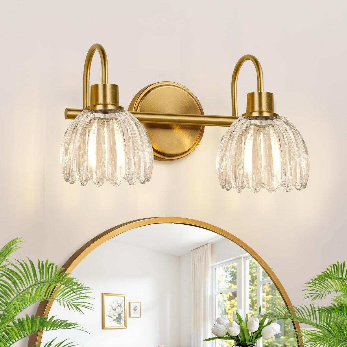 Bathroom Light Fixtures, 3-Light Brushed Gold Vanity Lights for Bathroom with Ribbed Amber Tulip Glass Shade, 20 in Bathroom Vanity Lights Over Mirror for Bedroom, Living Room, Hallway