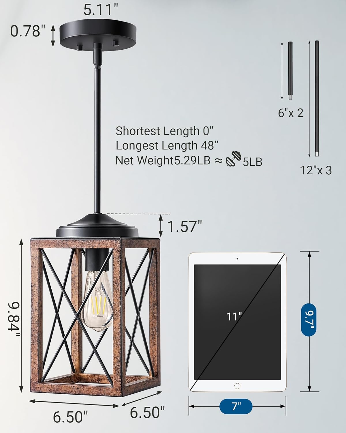 DEWENWILS Farmhouse Pendant Light, Metal Hanging Light Fixture with Wooden Grain Finish, 48 Inch Adjustable Pipes for Flat and Slop Ceiling, Kitchen Island, Bedroom, Dining Hall, E26 Base