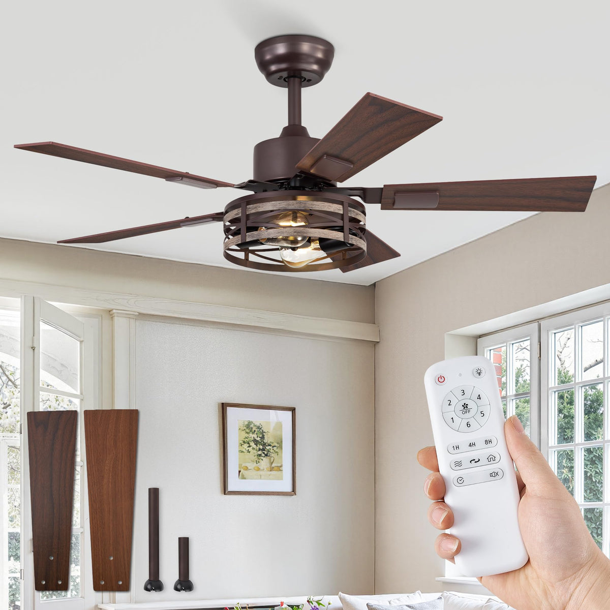 Fanbulous 48" Farmhouse Ceiling Fan with Light & Remote, 2-Light Caged | DC Motor Quiet and Reversible, 6-Speed Adjustable, Dual Finish 5 Blades Rustic for Bedroom and Living Room, Black and Walnut