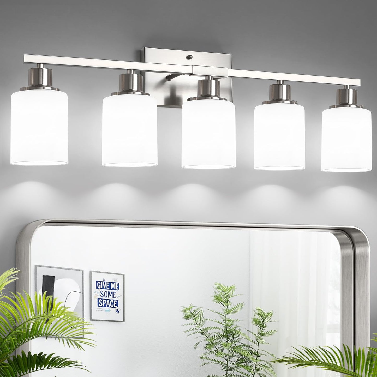 MOKATNG 4-Light Vanity Light with Milky White Shades, Brushed Nickel Bathroom Lighting Fixtures Over Mirror, Modern Bathroom Wall Lamp for Mirror Living Room Cabinet Bedroom