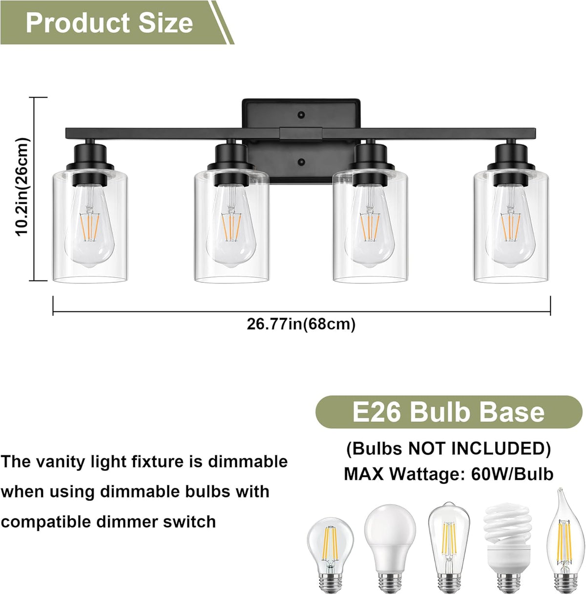 Modern Bathroom Light Fixtures, 4 Light Vanity Lights Over Mirror, Black Wall Lamp with Clear Glass for Living Room Cabinet Bedroom Porch