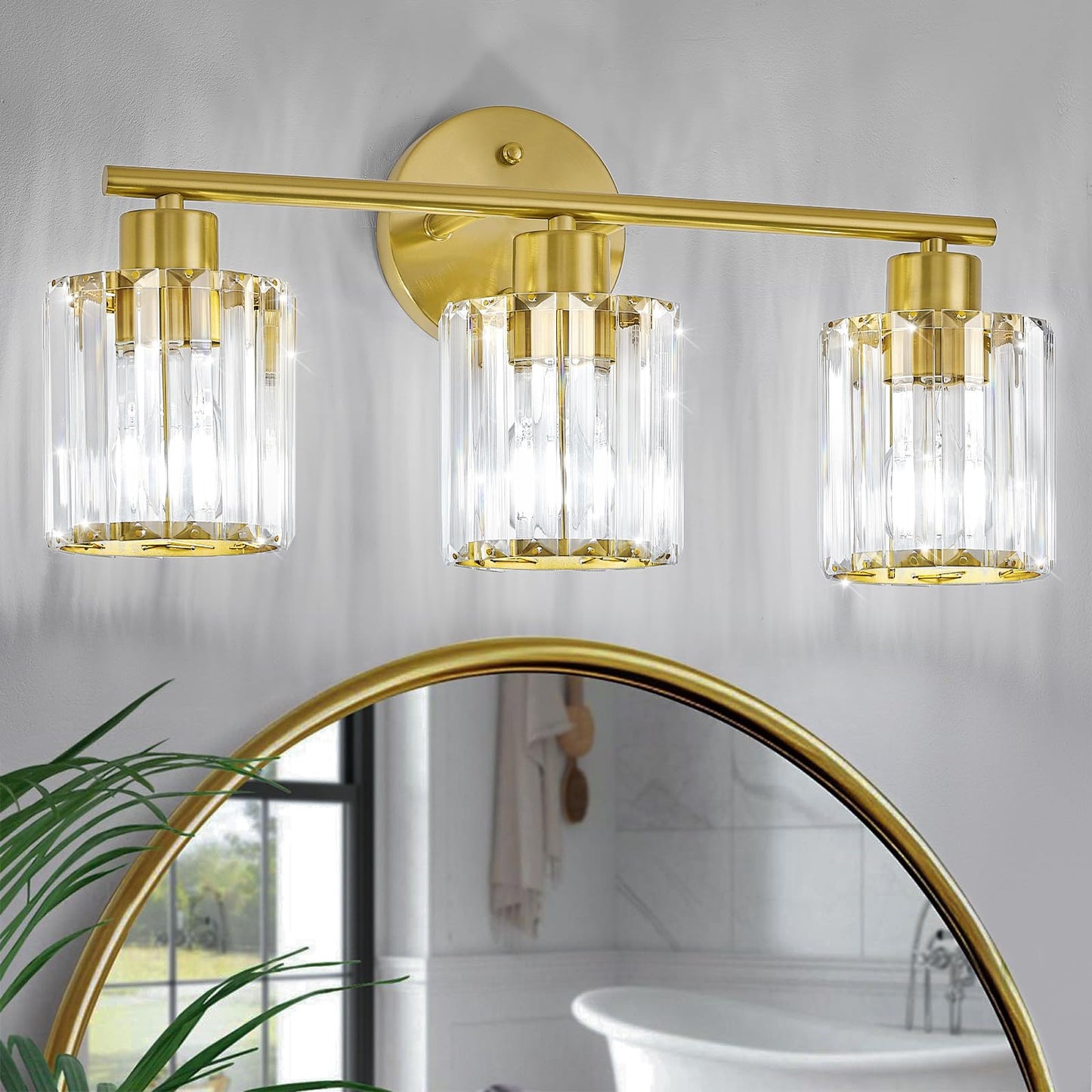 Modern Brushed Nickel Crystal Bathroom Light Fixtures,3-Light | Bathroom Lighting Fixtures over Mirror,Vanity Lights for Mirror, Restroom(Ceramic E26 Socket,Bulbs Not Include)