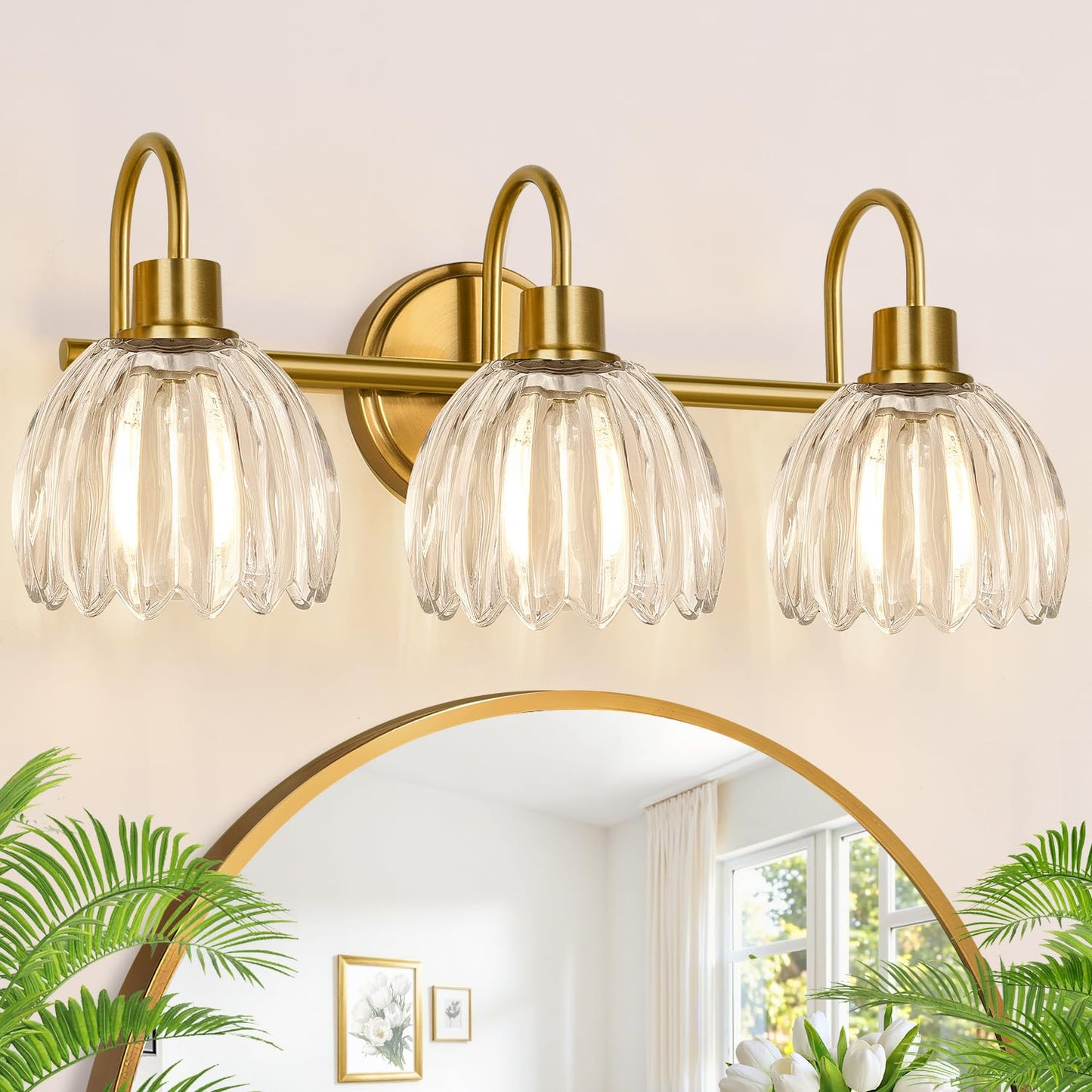 Bathroom Light Fixtures, 3-Light Brushed Gold Vanity Lights for Bathroom with Ribbed Amber Tulip Glass Shade, 20 in Bathroom Vanity Lights Over Mirror for Bedroom, Living Room, Hallway