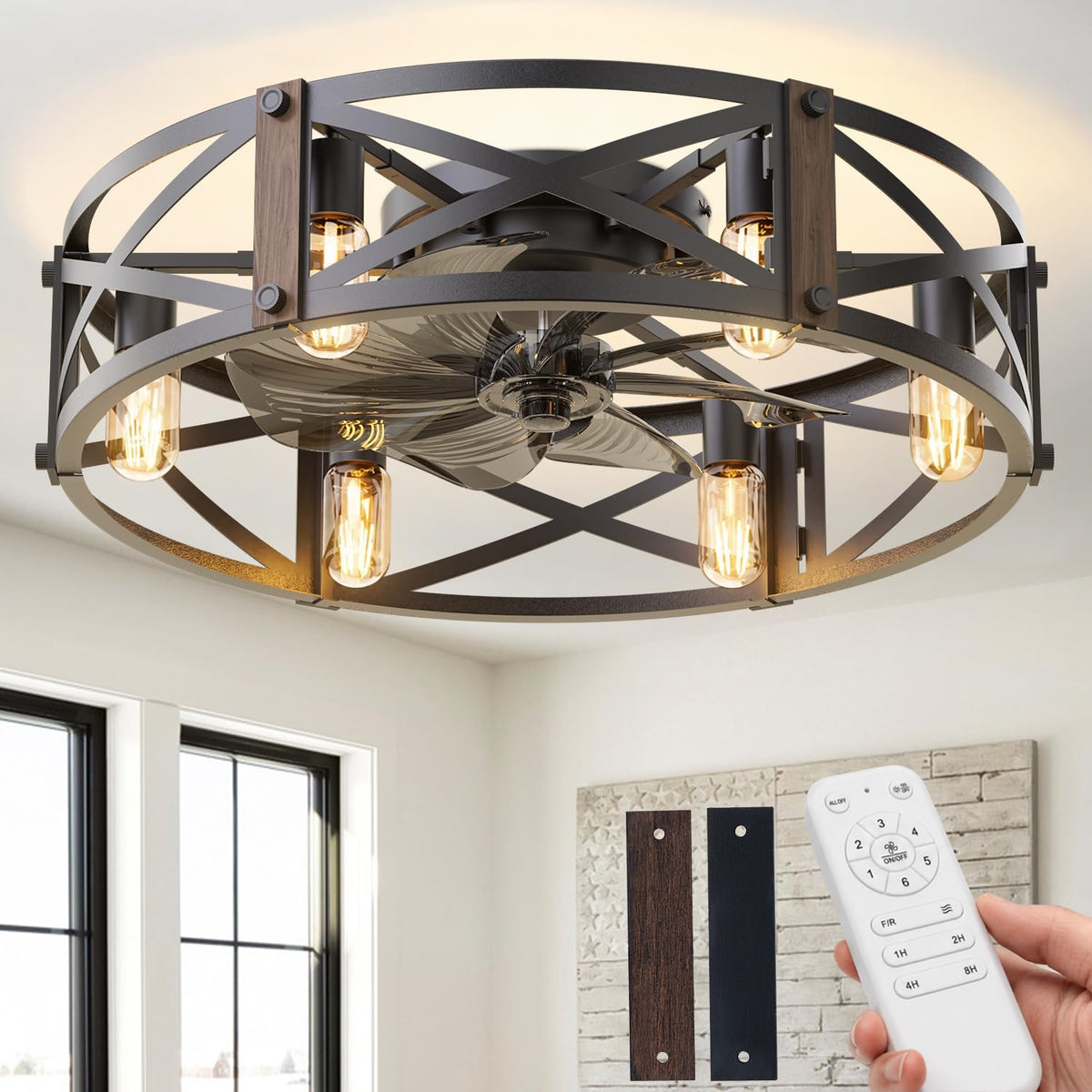 Passky 20" Caged Ceiling Fans with Lights and Remote, Low Profile Fandelier | Reversible DC Motor, 1/2/4H Timer, 6 Speeds, Farmhouse Style, Quiet Operation, for Bedroom, Kitchen, Dining Room, Living Room