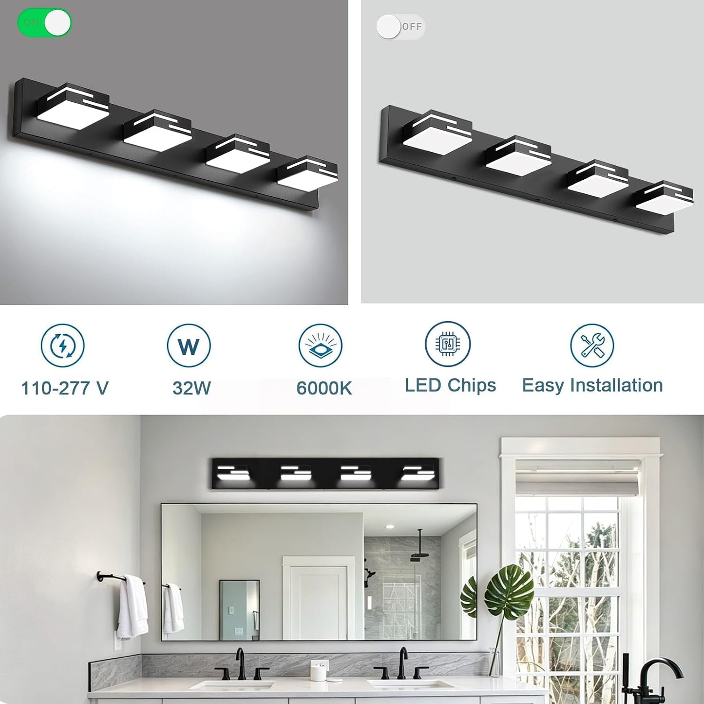 LED Modern Bathroom Vanity Light Fixtures, Dimmable Matte Black Vanity Lights for Bathroom Lighting Fixtures Over Mirror, with 360° Rotatable Acrylic Heads 4-Light 30-inch (Cool White 6000K)