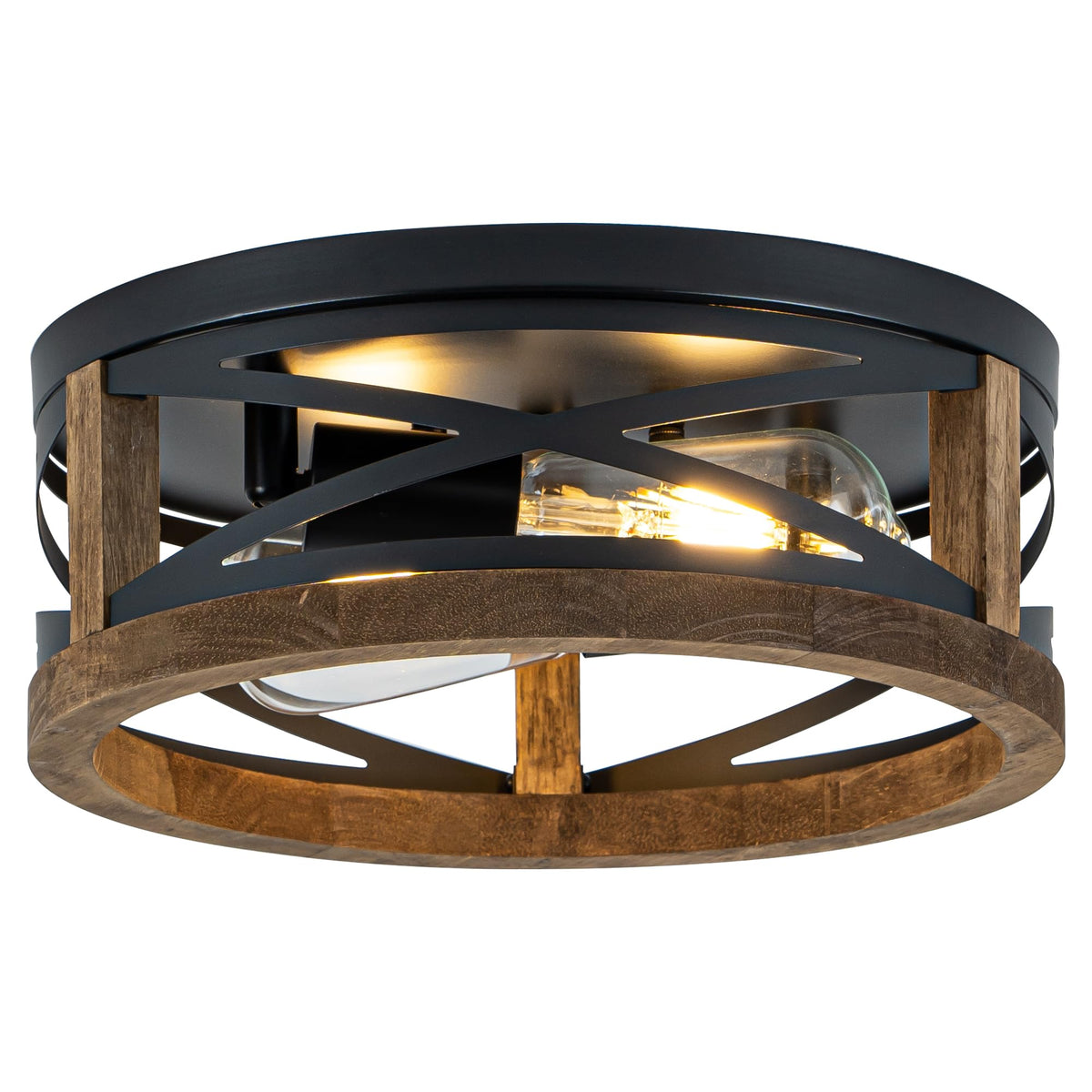 Farmhouse Ceiling Light, 2-Light Round Flush Mount Ceiling Light with Wood and Metal Frame, Black Rustic Light Fixture for Hallway, Entryway, Bedroom, Kitchen