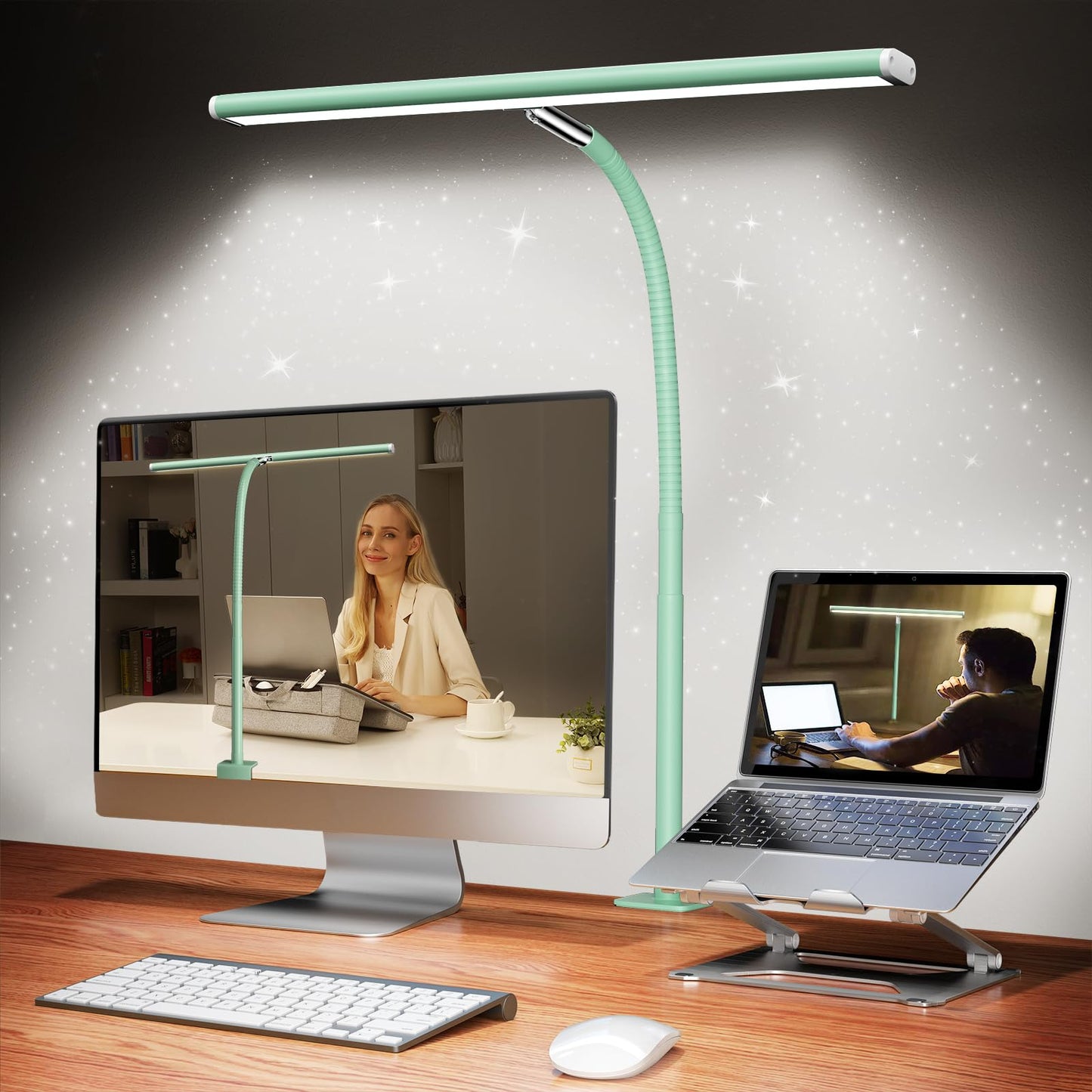 Airlonv LED Desk Lamp with Clamp, 17" Stepless Dimming Light, Black | 2700K-6500K, 100 LEDs, 360° Gooseneck, Fits Up to 30" Monitors, Flicker-Free Lighting for Home Office, Study& Workbench