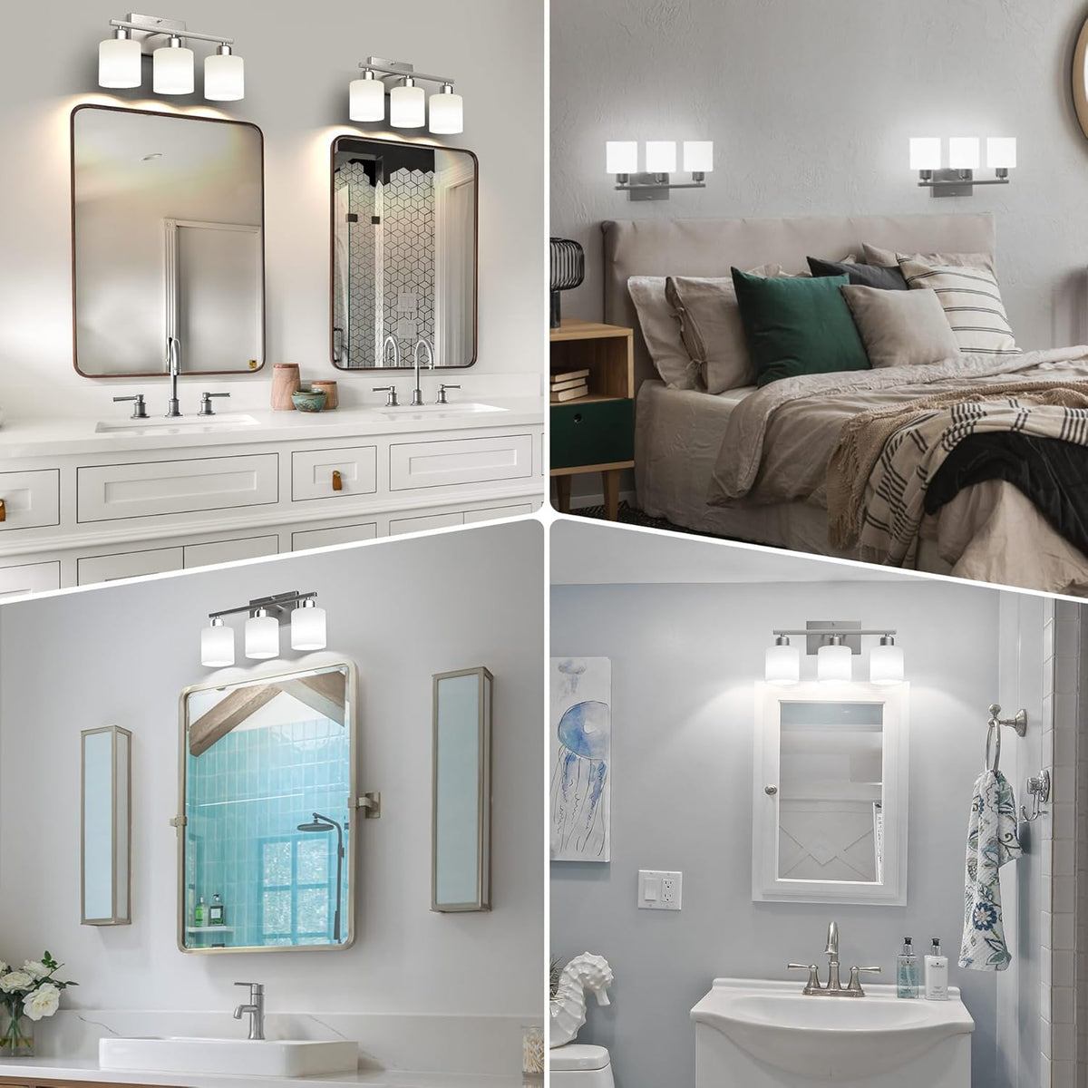 18 Inches Bathroom Light Fixtures Over Mirror Brushed Nickel | Anti-Rust 3-Light Vanity Lights Over Mirror, E26 Standard Socket, Milky White Glass Shades, Bulbs Not Included