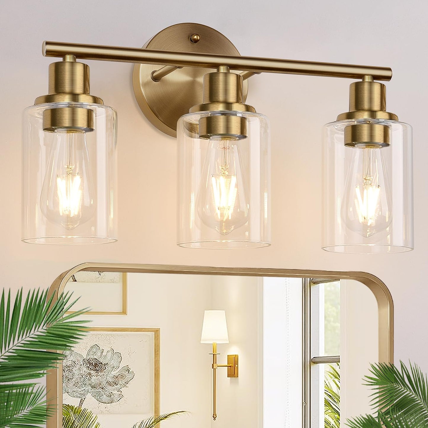 Zarbitta 3-Light Bathroom Light Fixtures, Brushed Nickel Vanity Light, Farmhouse Wall Lights with Clear Glass Shade, Bathroom Wall Lamp for Mirror Kitchen Bedroom Hallway Living Room Hallway Cabinet