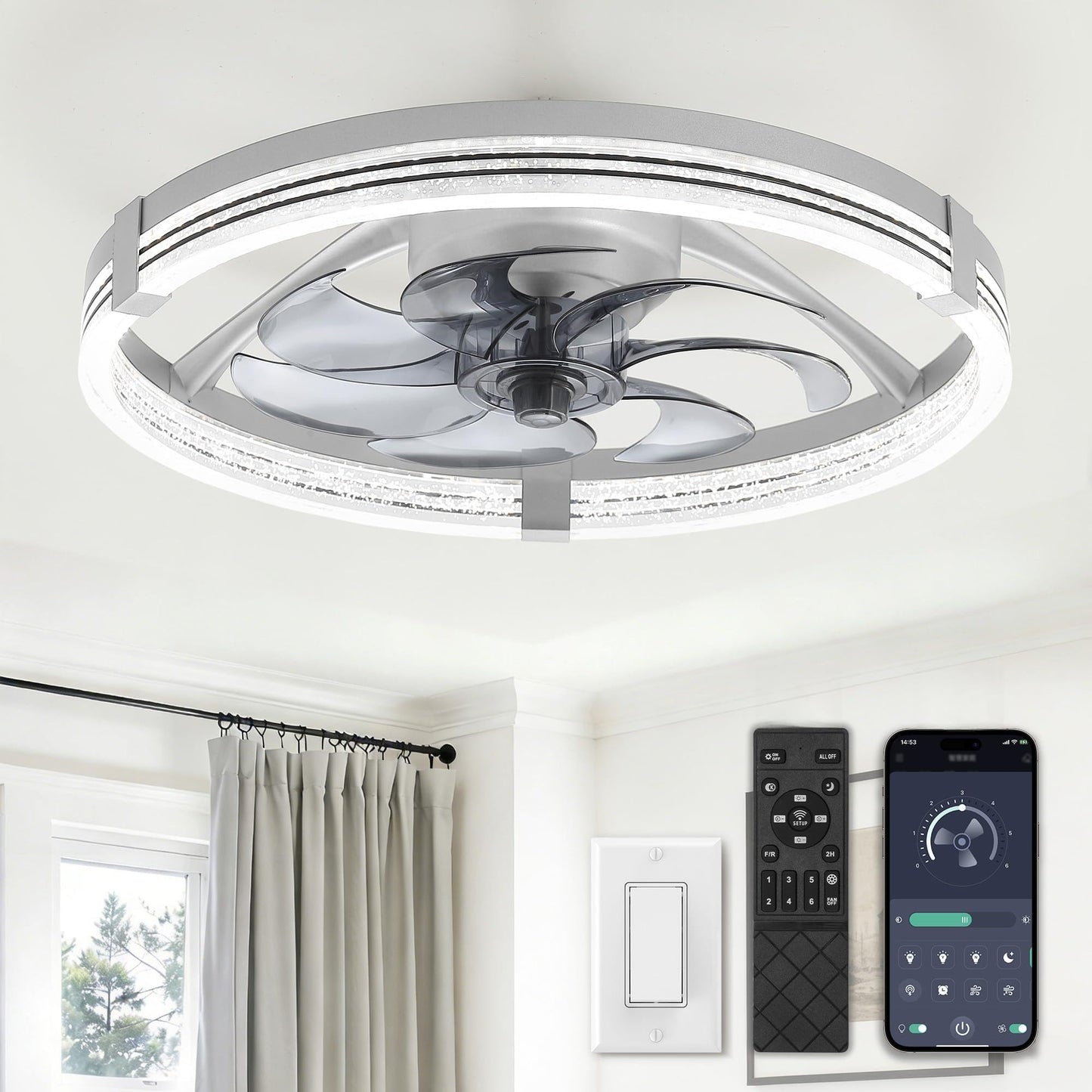 ZMISHIBO Ceiling Fan with Light and remote, 23'' Low Profile Ceiling Fans | Flush Mount Modern Ceiling Fan and Remote Control, 3000K-7000K Dimmable, Modern Fandelier for Bedroom, Living Room