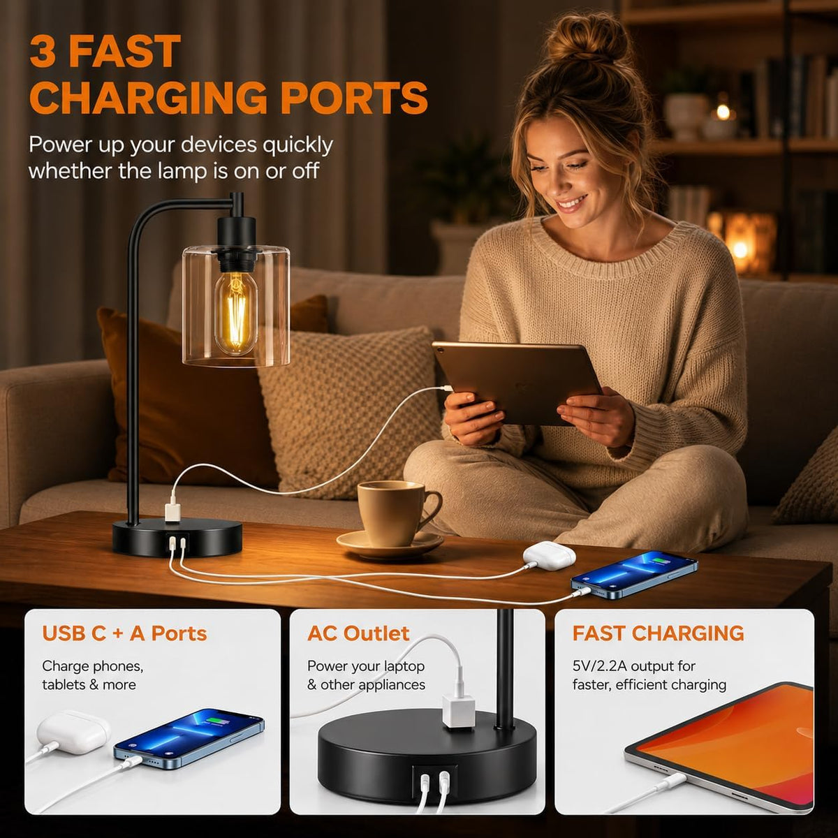 Set of 2 Industrial Touch Control Table Lamps with USB C+A Ports and AC Outlet - 3-Way Dimmable Black Bedside Lamps Nightstand Desk Lamps for Bedroom Living Room, Glass Shade & 2 LED Bulbs Included
