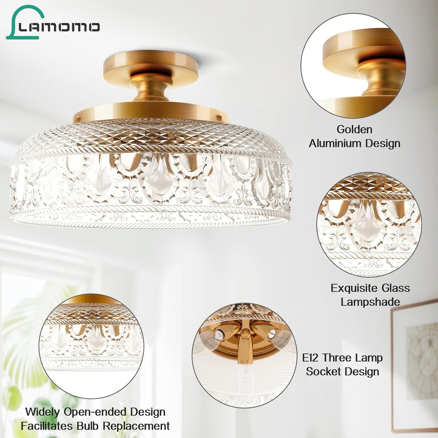 Lamomo Semi Flush Mount Ceiling Light, Golden Hallway Fixture, 12in | 3 Bulb Globe Glass Close to Sconce, kitchen lights, Indoor Hanging Lamp for Bedroom Kitchen Porch Hallway, Bulbs Not Included