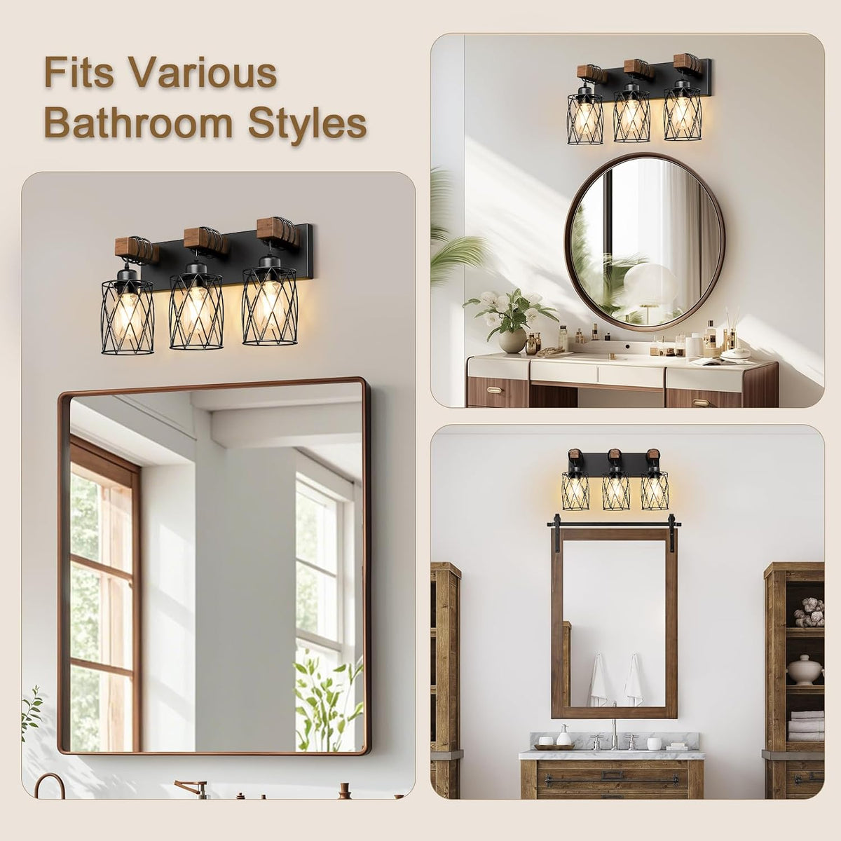 IZORRO Farmhouse Bathroom Vanity Light, 3-Light Wood Bathroom Light Fixtures Over Mirror, Black Industrial Vanity Lights with Metal Shade, Rustic Restroom Lighting Fixtures