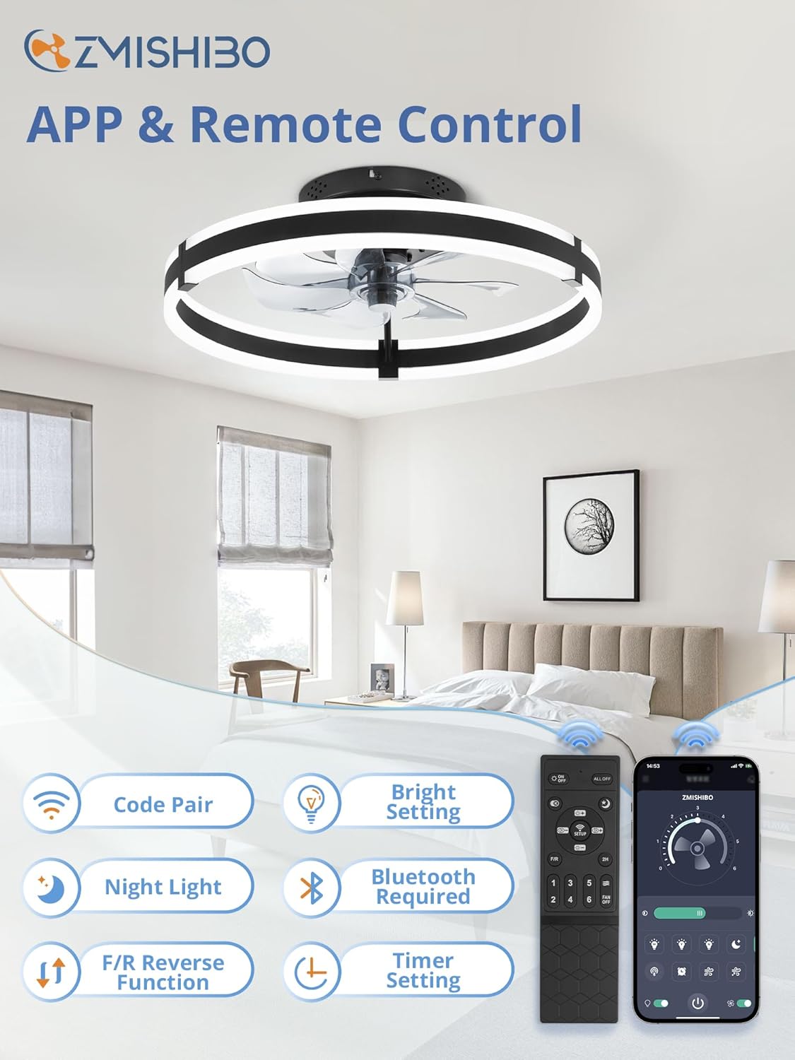 ZMISHIBO Low Profile 19.7'' Ceiling Fans with Lights and Remote, Black | 3000-6000K Dimmable LED Fandelier, Quiet DC Motor, Reversible Airflow, 6 Wind Speeds, Timer, Bedroom, Living Room, Kitchen