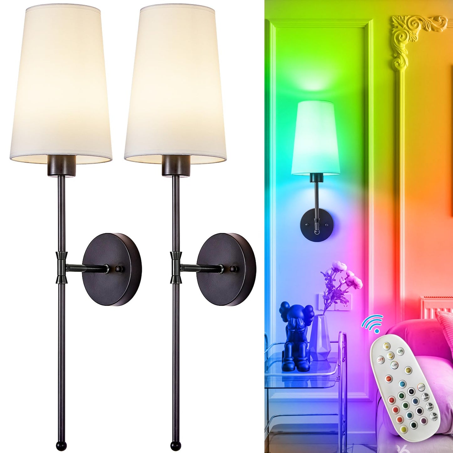 Depuley Battery Operated Wall Sconce: Set of 2 Wireless Wall Lights with 10000mAh Dimmable Bulbs and Remote for Bedroom - Rechargeable 15 Colors Gold Wall Lamp for Living Room Hallway