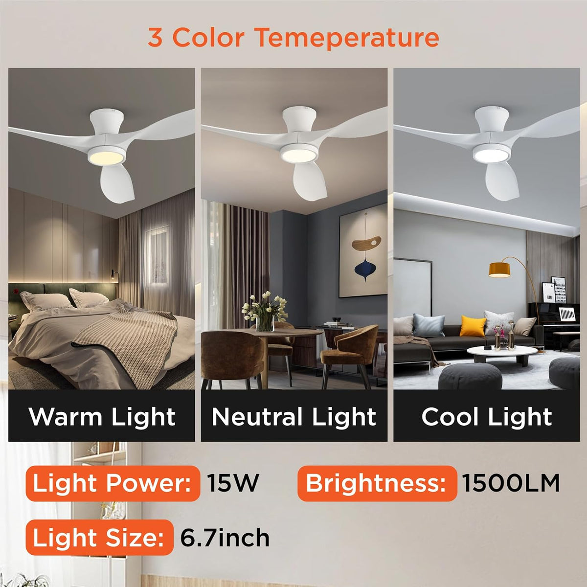TALOYA 52 inch Ceiling Fans with Lights and Remote Control White | Modern Low Profile,Flush Mount ,Quiet Reversible DC Motor,3 Blades, for Bedroom Patio Indoor Covered Outdoor Use