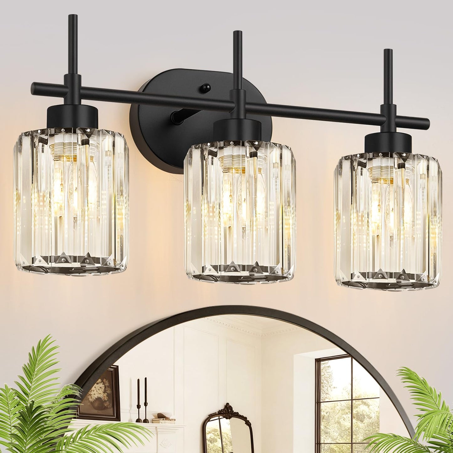 Modern Crystal Bathroom Vanity Light, 3-Light Brushed Gold Bathroom Light Fixtures with Clear Shades, Vanity Lighting Fixtures Over Mirror (Exclude Bulb)